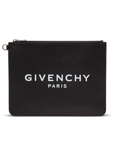 Shop Givenchy Leather Clutch With Logo Print In Black