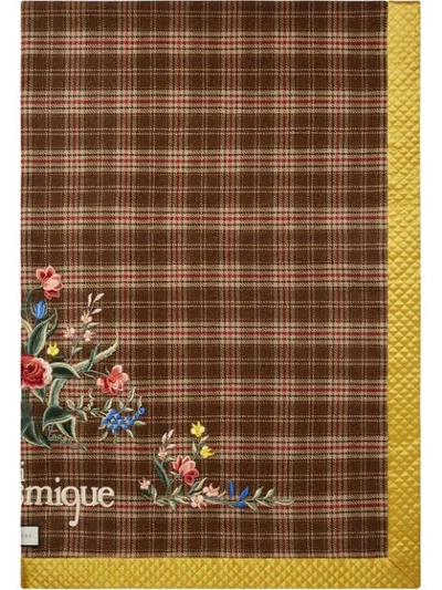Shop Gucci Embroidered Check Scarf In Brown