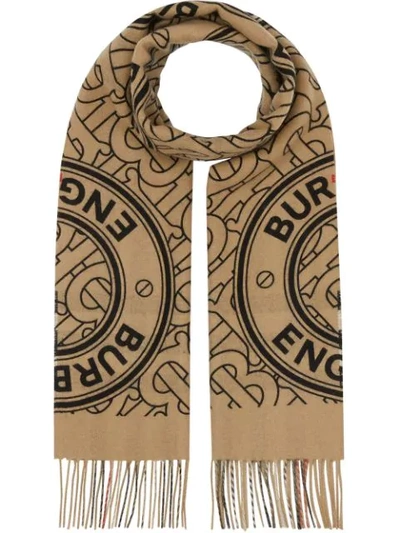 Shop Burberry Reversible Monogram Cashmere Scarf In Brown