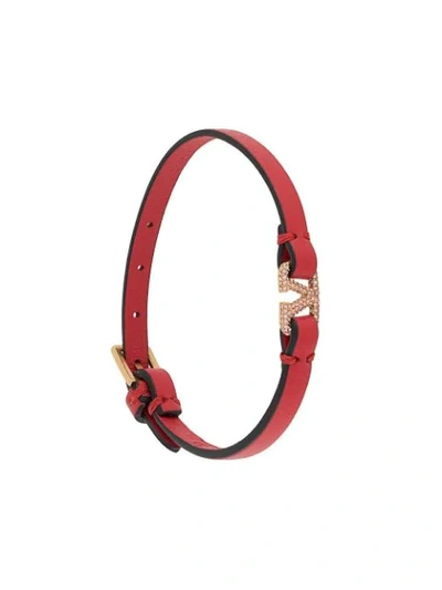 Shop Valentino Crystal Vlogo Detail Leather Bracelet In Red
