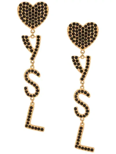 Shop Saint Laurent Crystal-embellished Logo Pendant Earrings In Gold