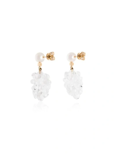 14K YELLOW GOLD GRAPPOLO DIAMOND AND PEARL DROP EARRINGS