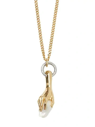 Shop Burberry Hand Clutching Faux-pearl Necklace In Gold