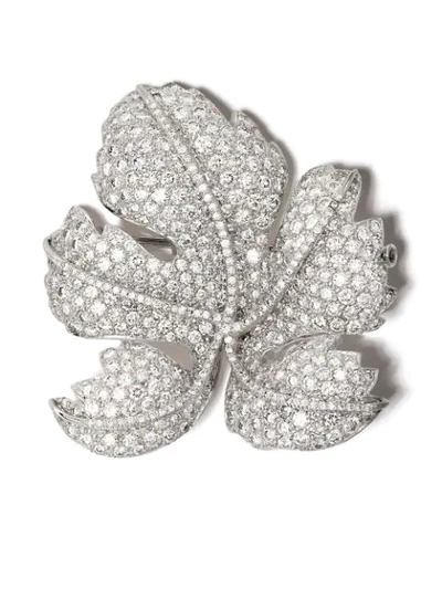 Shop David Morris 18kt White Gold Diamond Leaf Brooch