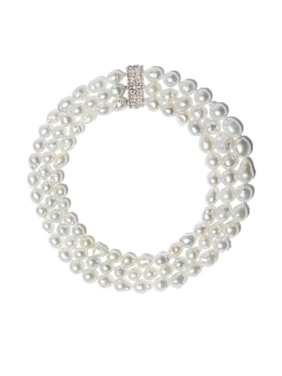 Shop Yoko London 18kt White Gold Baroque South Sea Pearl And Diamond Art Deco Style Three Row Necklace In Silver