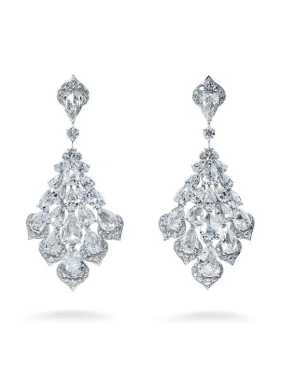 Shop David Morris 18kt White Gold Rose Cut White Diamond Feather-style Chandelier Earrings In Silver