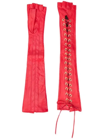 Shop Manokhi Long Fingerless Eyelet Detail Gloves In Red