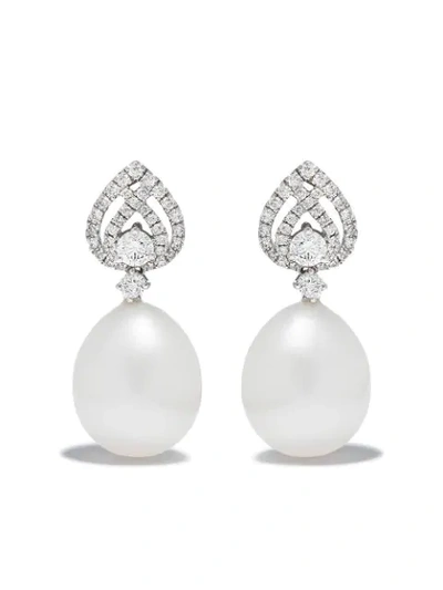 Shop Kiki Mcdonough 18kt White Gold Lotus Pear Diamond Detail Pearl Earrings