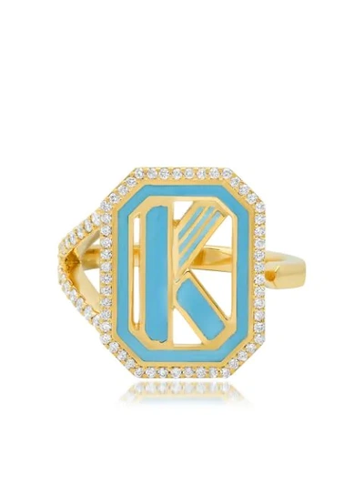 Shop Colette 18kt Yellow Gold Gatsby K Initial Diamond And Turquoise Enamel Ring