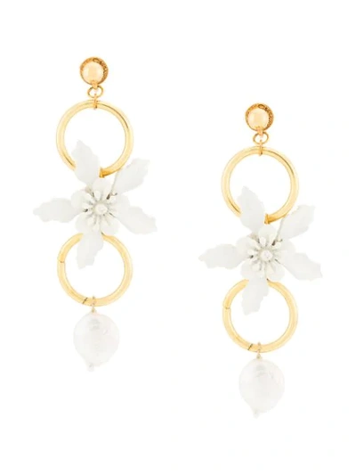 Shop Oscar De La Renta Resin-flower Pearl-drop Earrings In White