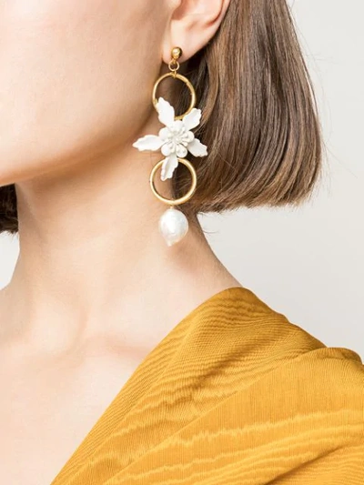 Shop Oscar De La Renta Resin-flower Pearl-drop Earrings In White