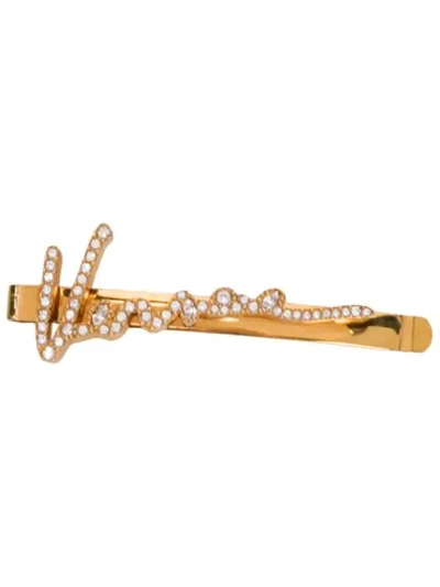 Shop Versace Crystal Logo Hair Pin In Gold