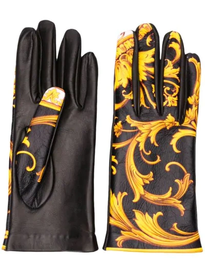 Shop Versace Barocco Print Gloves In Black