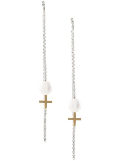 Shop Le Chic Radical Cross Drop Pearl Earring In Silver