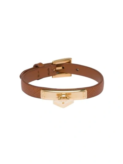 Shop Prada Logo-lock Leather Bracelet In Brown