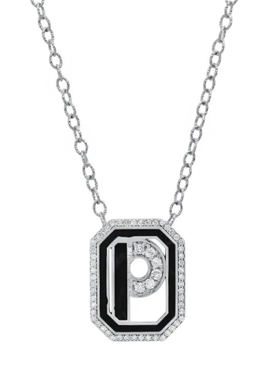 Shop Colette 18kt White Gold Gatsby P Initial Diamond And Black Enamel Necklace In Silver