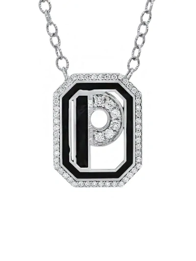 Shop Colette 18kt White Gold Gatsby P Initial Diamond And Black Enamel Necklace In Silver