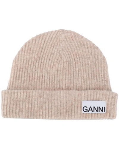 Shop Ganni Ribbed-knit Hat In Neutrals