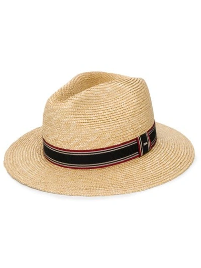 Shop Saint Laurent Stripe Detail Panama Hat In Neutrals