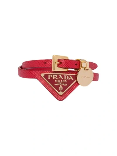 Shop Prada Logo Plaque Wrap Bracelet In Red