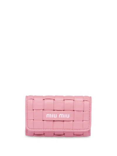 Shop Miu Miu Printed Logo Woven Key Holder In Pink