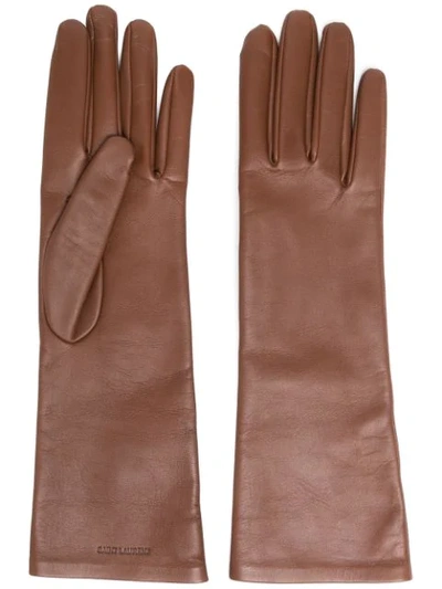 Shop Saint Laurent Logo-debossed 5-finger Gloves In Brown
