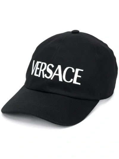 Shop Versace Embroidered Logo Cotton Cap In Black