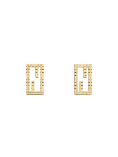 Shop Fendi Stud Engraved Baguette Earrings In Gold