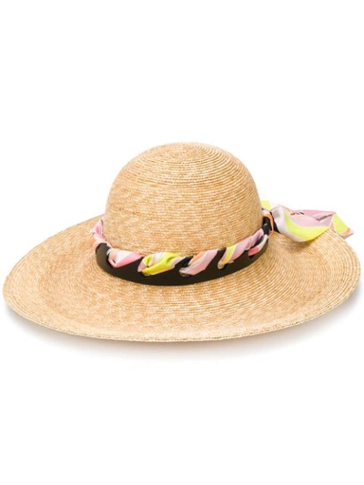 Shop Emilio Pucci Scarf Trim Woven Hat In Neutrals