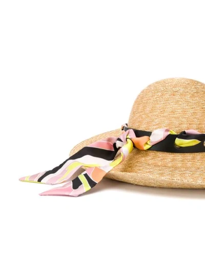 Shop Emilio Pucci Scarf Trim Woven Hat In Neutrals