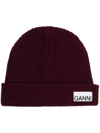 Shop Ganni Logo-patch Ribbed-knit Beanie In Red