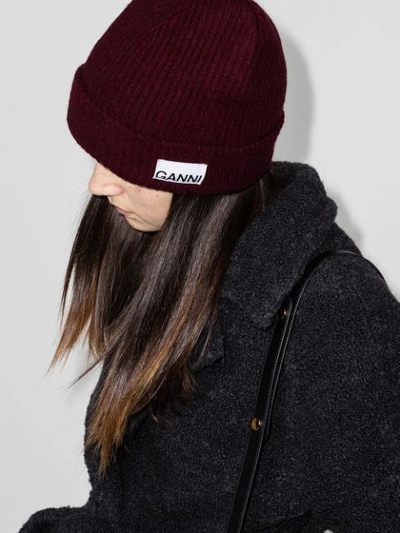Shop Ganni Logo-patch Ribbed-knit Beanie In Red