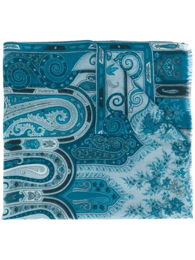 Shop Etro Paisley Print Cashmere Scarf In Blue