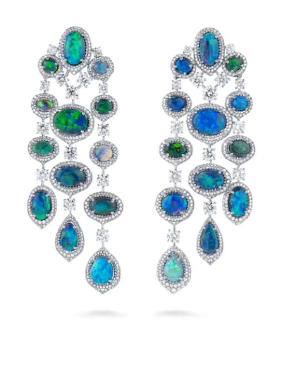 Shop David Morris Platinum Black Opal & White Diamond Chandelier Earrings In Silver