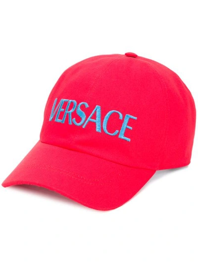 Shop Versace Embroidered Logo Baseball Cap In Red