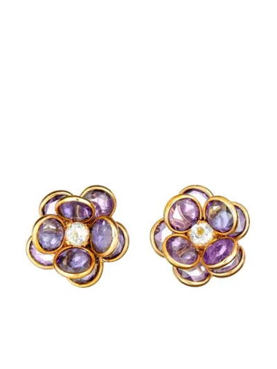 Shop Guita M 18kt Yellow Gold, Aquamarine And Tanzanite Flower Clip-on Earrings In Purple