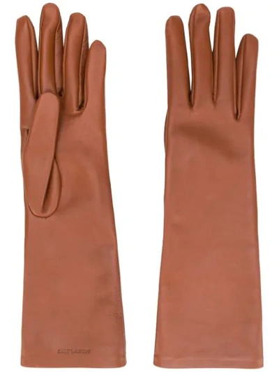 Shop Saint Laurent Logo-debossed 5-finger Gloves In Brown