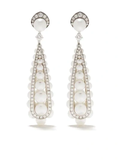 Shop David Morris 18kt White Gold Pearl Rose Deco Diamond And Pearl Drop Earrings
