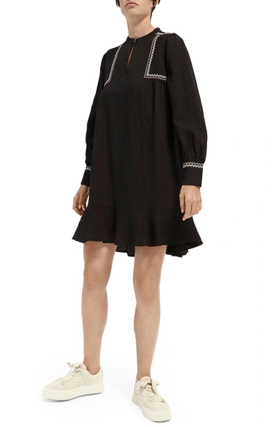 Shop Scotch & Soda Folklore Embroidered Long Sleeve Minidress In Black