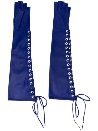 Shop Manokhi Fingerless Lace-up Gloves In Blue