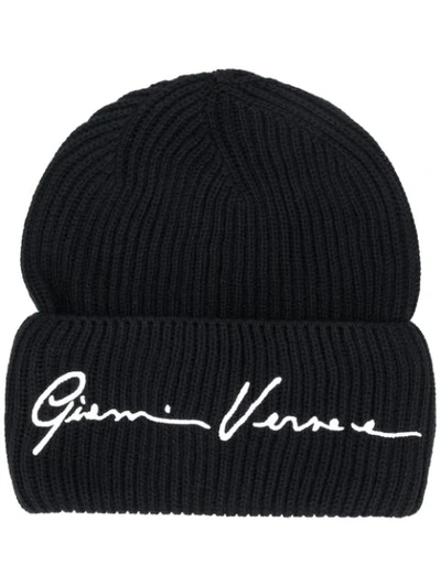 Shop Versace Embroidered Logo Beanie In Black