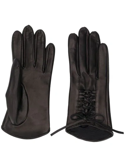 Shop Manokhi Textured Lace-up Panel Gloves In Brown