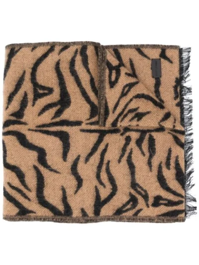 Shop Saint Laurent Animal-patern Frayed Scarf In Neutrals