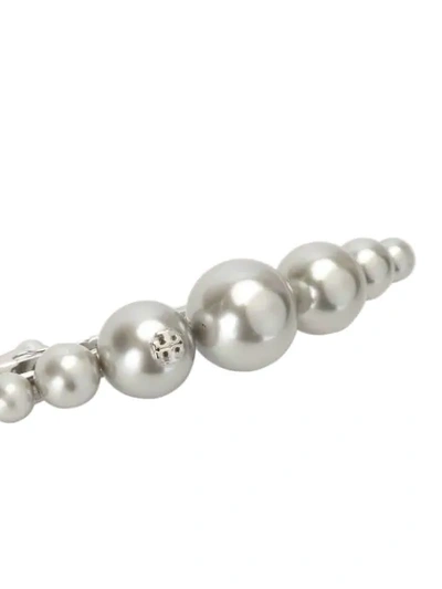 Shop Tory Burch Logo Pearl Hair Clip In Silver