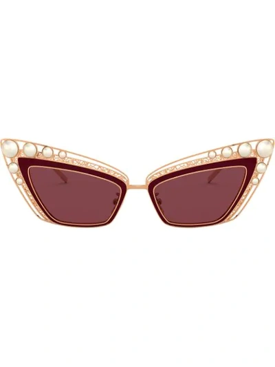 Shop Dolce & Gabbana Pearl Embellished Cat Eye Sunglasses In Red