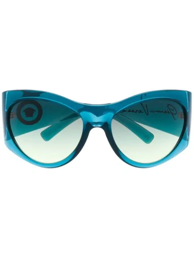 Shop Versace Oversized Logo Sunglasses In Blue