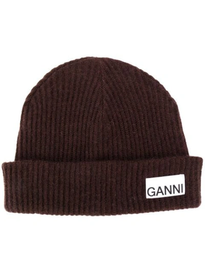 Shop Ganni Recycled Wool Ribbed-knit Hat In Brown