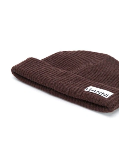 Shop Ganni Recycled Wool Ribbed-knit Hat In Brown