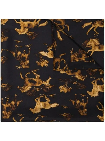 Shop Ganni Horse-print Silk Scarf In Black