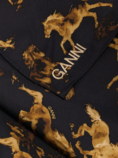 Shop Ganni Horse-print Silk Scarf In Black